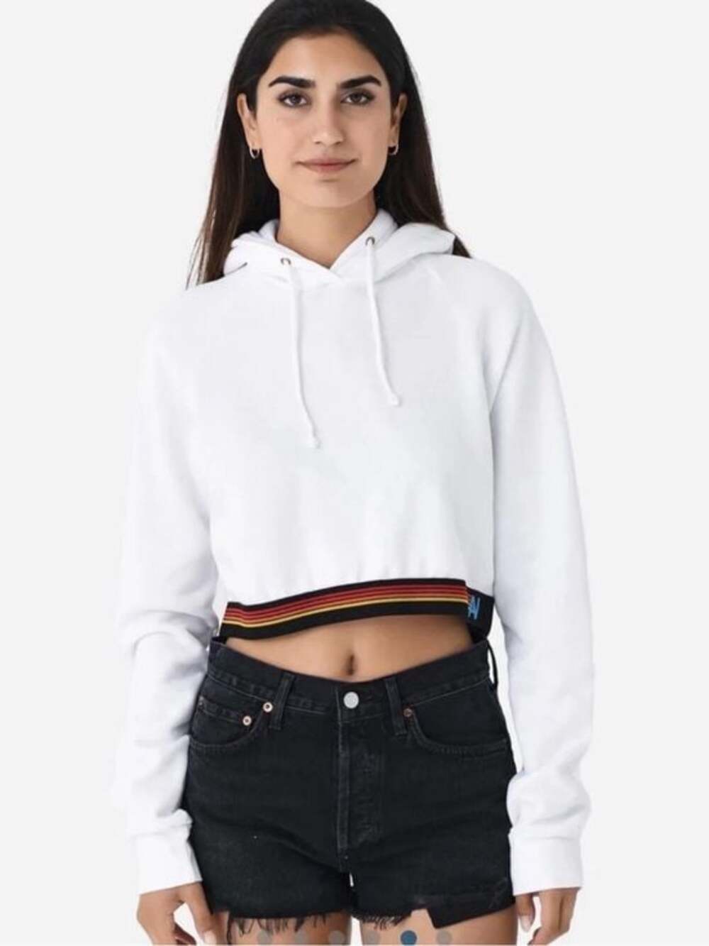 Aviator Nation Cropped Hoodie in White with Rainbow Striped Hemline Size Medium